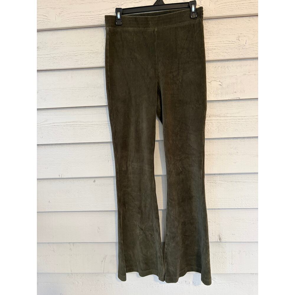 Aerie Green Ribbed Corduroy Flare Pants High Rise Stretch Lounge Pants Medium - Picture 2 of 5